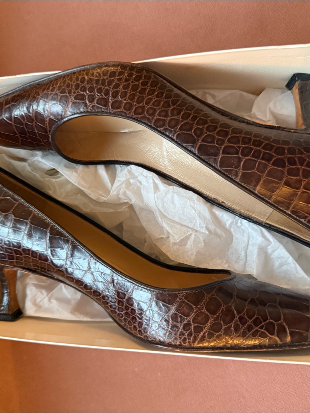 Women's Brown Alligator Skin Mid Heel Pumps